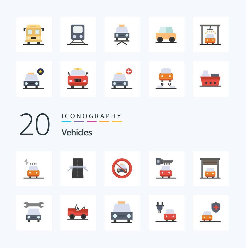 paquete de iconos de color plano de 20 vehículos como llave de coche carretera coche apagado vector