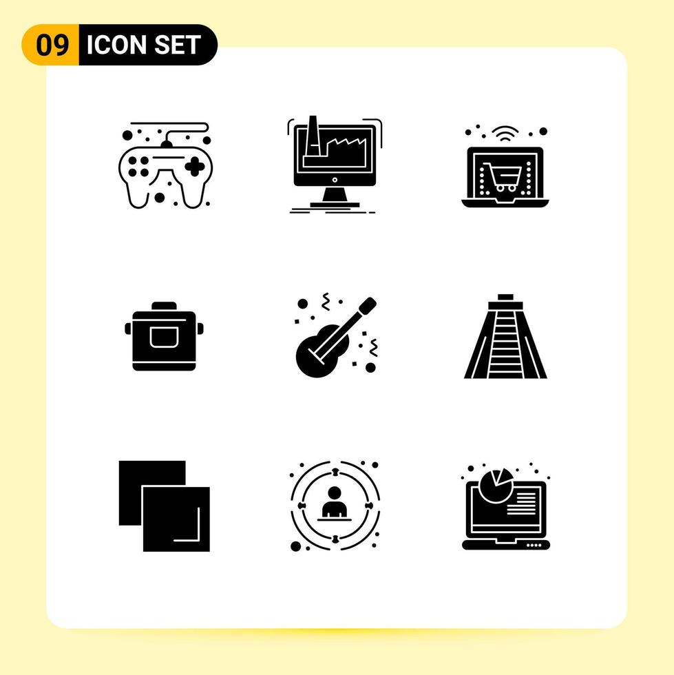 9 User Interface Solid Glyph Pack of modern Signs and Symbols of instrument acoustic online hotel kitchen Editable Vector Design Elements