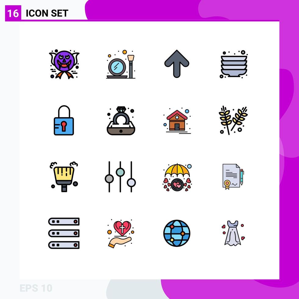 Mobile Interface Flat Color Filled Line Set of 16 Pictograms of school lock arrow plates kitchen Editable Creative Vector Design Elements