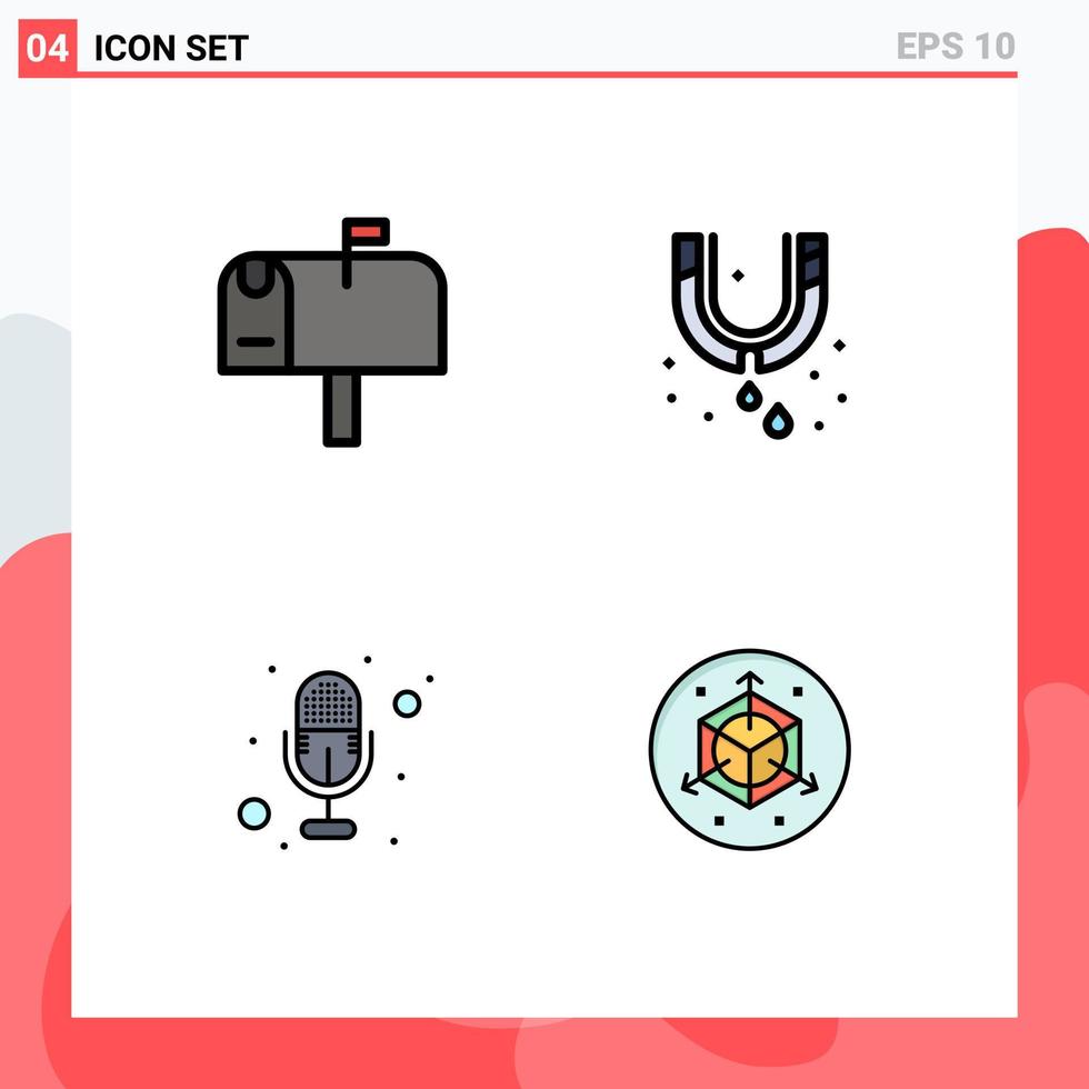 Mobile Interface Filledline Flat Color Set of 4 Pictograms of mail voice leak plumbing modification Editable Vector Design Elements