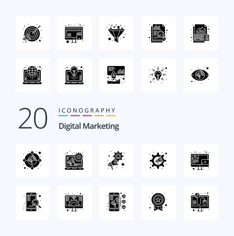 20 Digital Marketing Solid Glyph icon Pack like content blog marketing settings megaphone vector