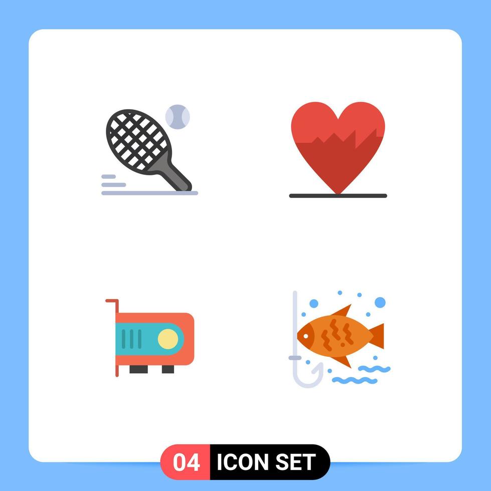 Group of 4 Modern Flat Icons Set for tennis technology sport pulse fish Editable Vector Design Elements