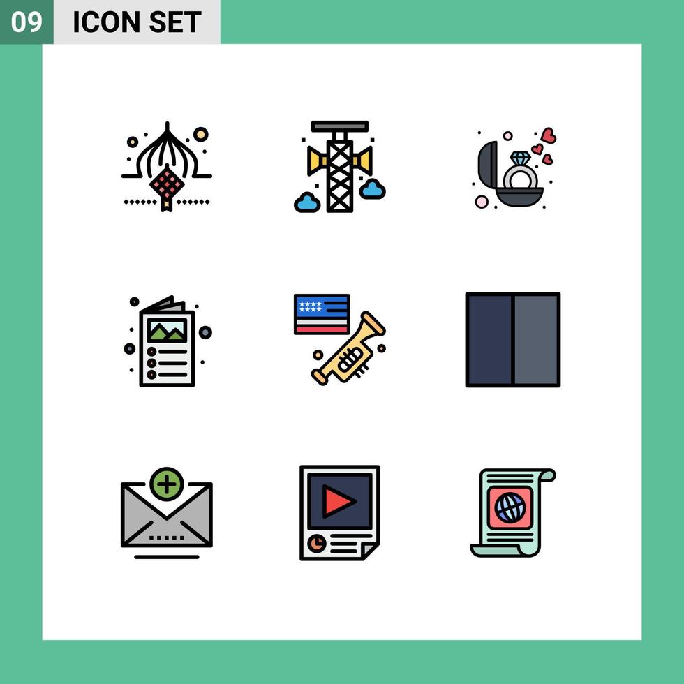 Universal Icon Symbols Group of 9 Modern Filledline Flat Colors of flag catalog loudspeaker brochure gift Editable Vector Design Elements
