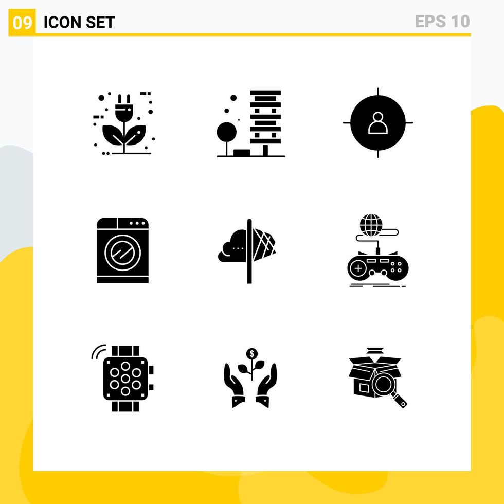Set of 9 Vector Solid Glyphs on Grid for washing technology city machine management Editable Vector Design Elements