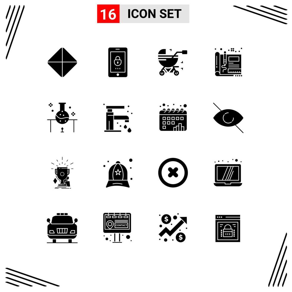 16 Thematic Vector Solid Glyphs and Editable Symbols of laboratory research design baby sketch design Editable Vector Design Elements