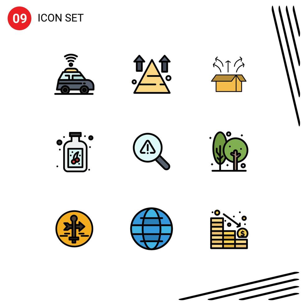 Pictogram Set of 9 Simple Filledline Flat Colors of search bottle release fruit product Editable Vector Design Elements