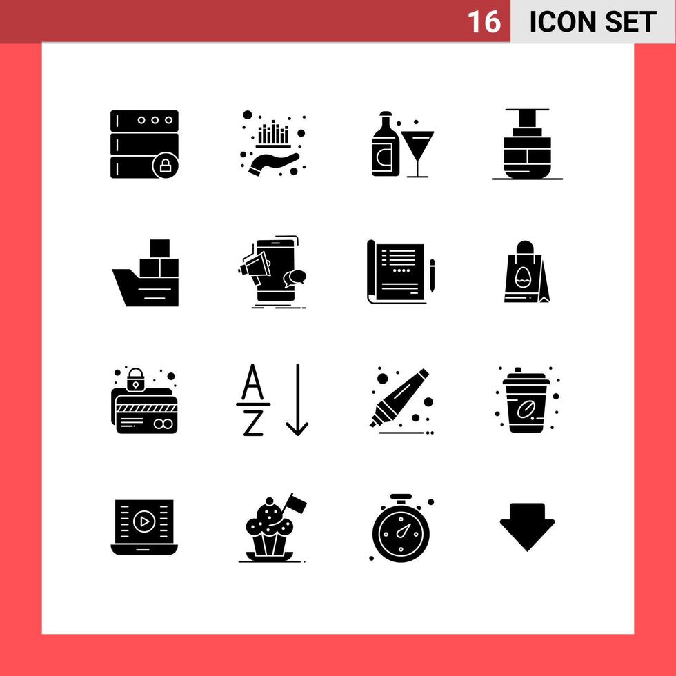 Universal Icon Symbols Group of 16 Modern Solid Glyphs of good vehicles wine transportation sky lift Editable Vector Design Elements