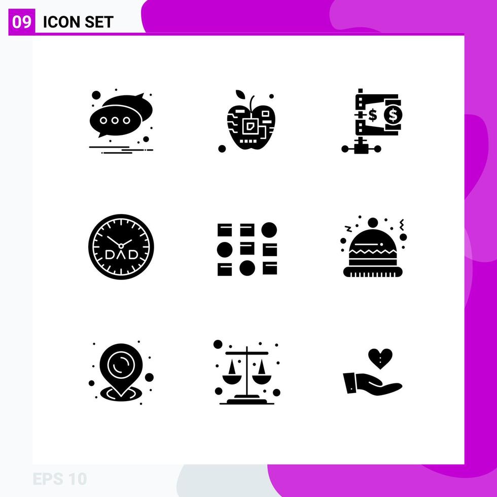 User Interface Pack of 9 Basic Solid Glyphs of timepiece family time electronic clock market Editable Vector Design Elements