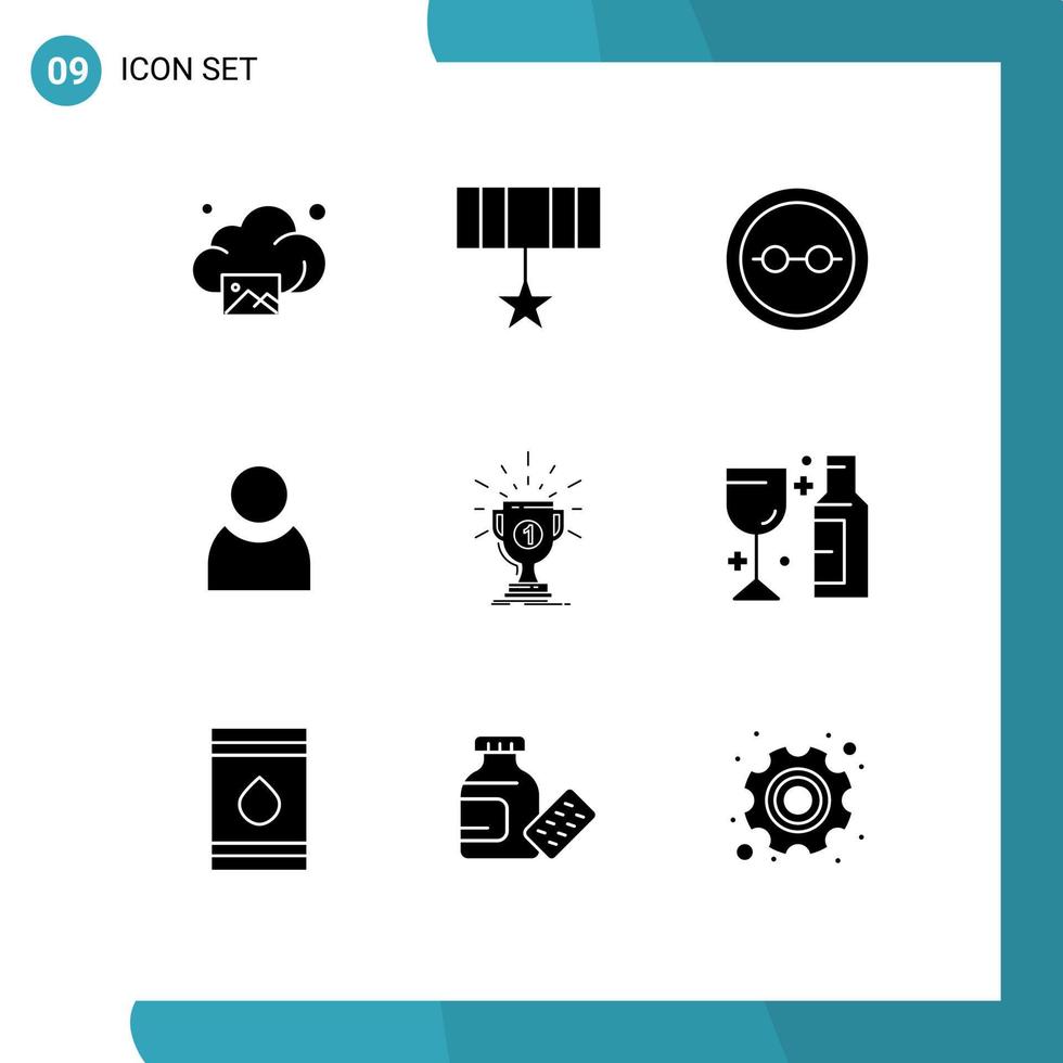 Group of 9 Solid Glyphs Signs and Symbols for cup basic eye glasses user lenses Editable Vector Design Elements