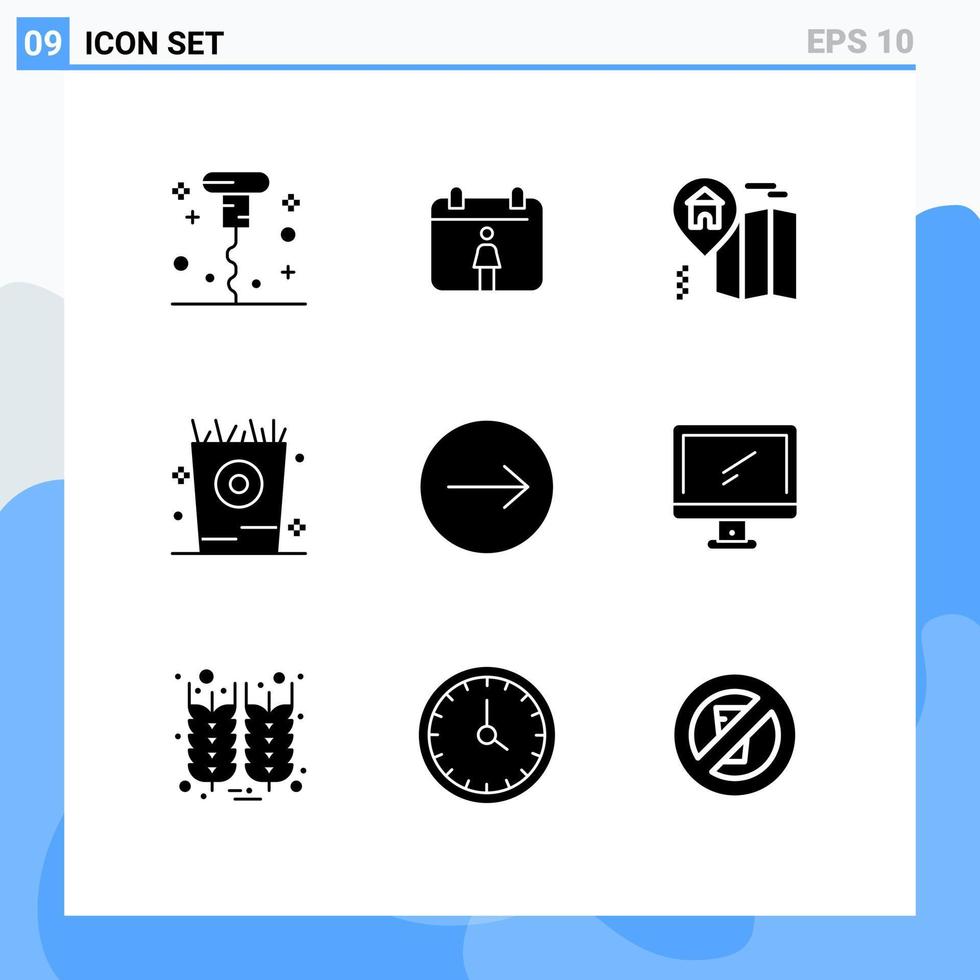 paquete de 9 glifos sólidos creativos de elementos de diseño de vector editables del grupo de transferencia de mapa derecho del monitor