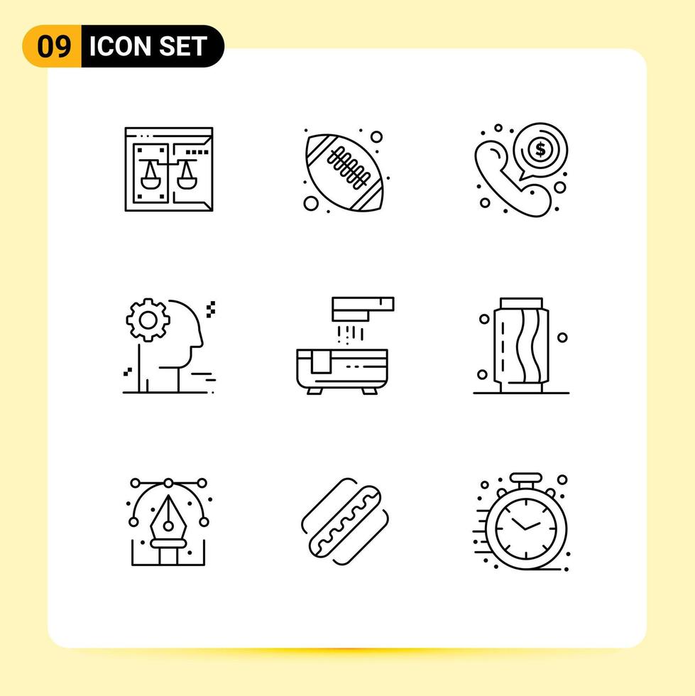 Modern Set of 9 Outlines and symbols such as bath gear high school brain phone Editable Vector Design Elements