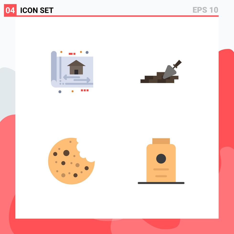 4 Universal Flat Icons Set for Web and Mobile Applications blue print food construction mason slice Editable Vector Design Elements