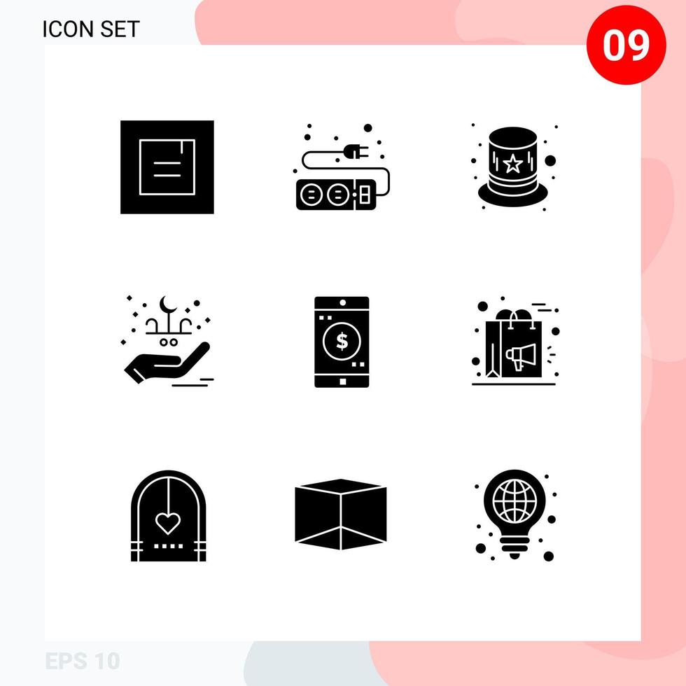 Set of 9 Commercial Solid Glyphs pack for dollar mobile costume application hand Editable Vector Design Elements