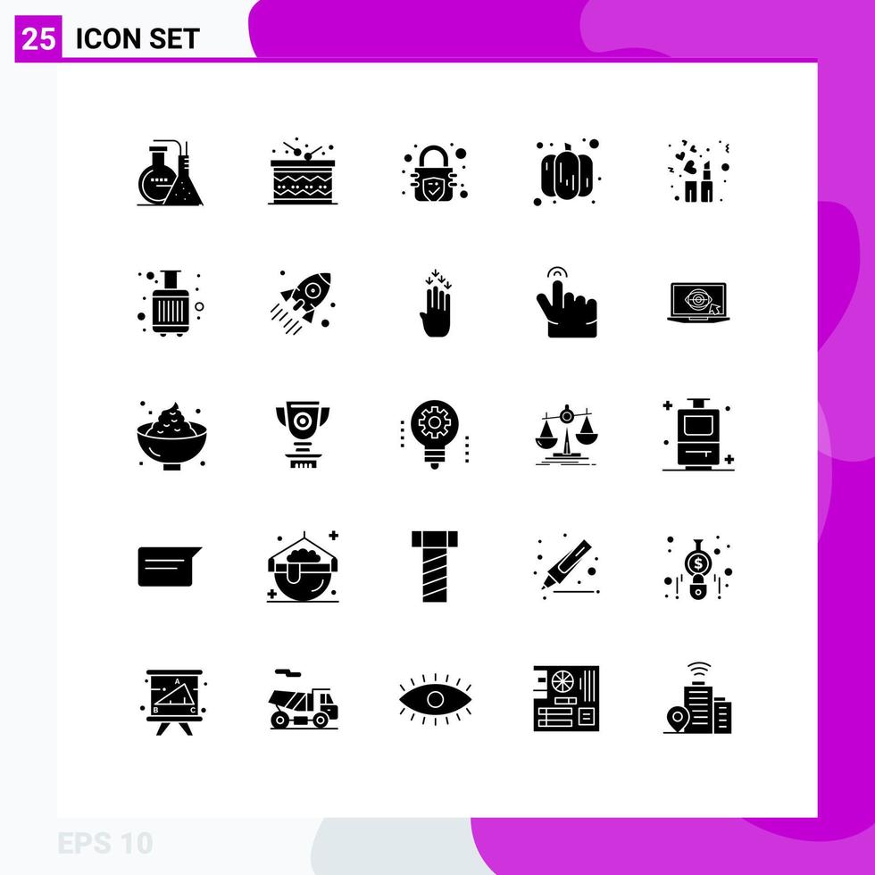 paquete de 25 signos y símbolos de glifos sólidos modernos para medios de impresión web como el cifrado de lápiz labial de equipaje elementos de diseño de vectores editables de calabaza de moda