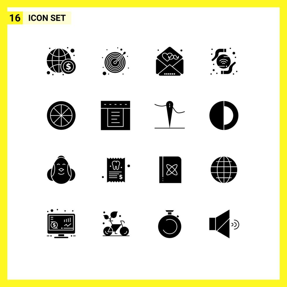 Set of 16 Commercial Solid Glyphs pack for lemon food day wireless technology Editable Vector Design Elements