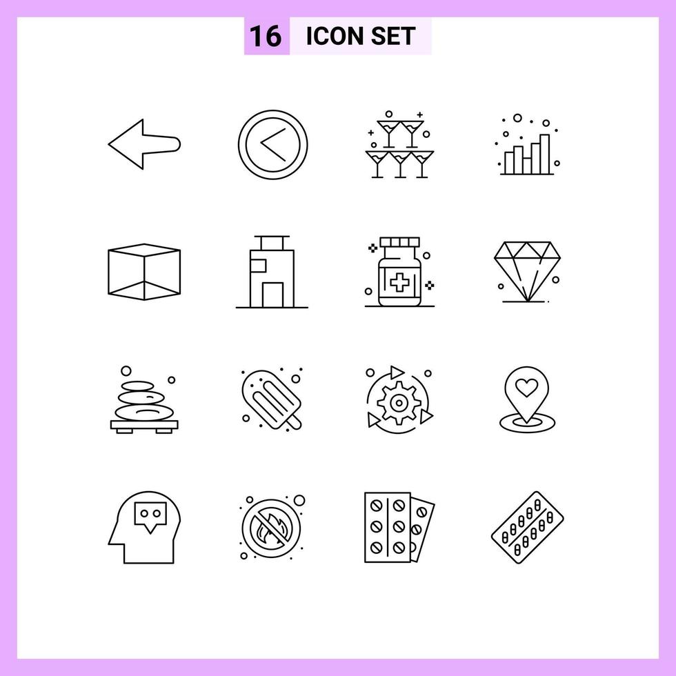 Pack of 16 Modern Outlines Signs and Symbols for Web Print Media such as building product heart box seo Editable Vector Design Elements