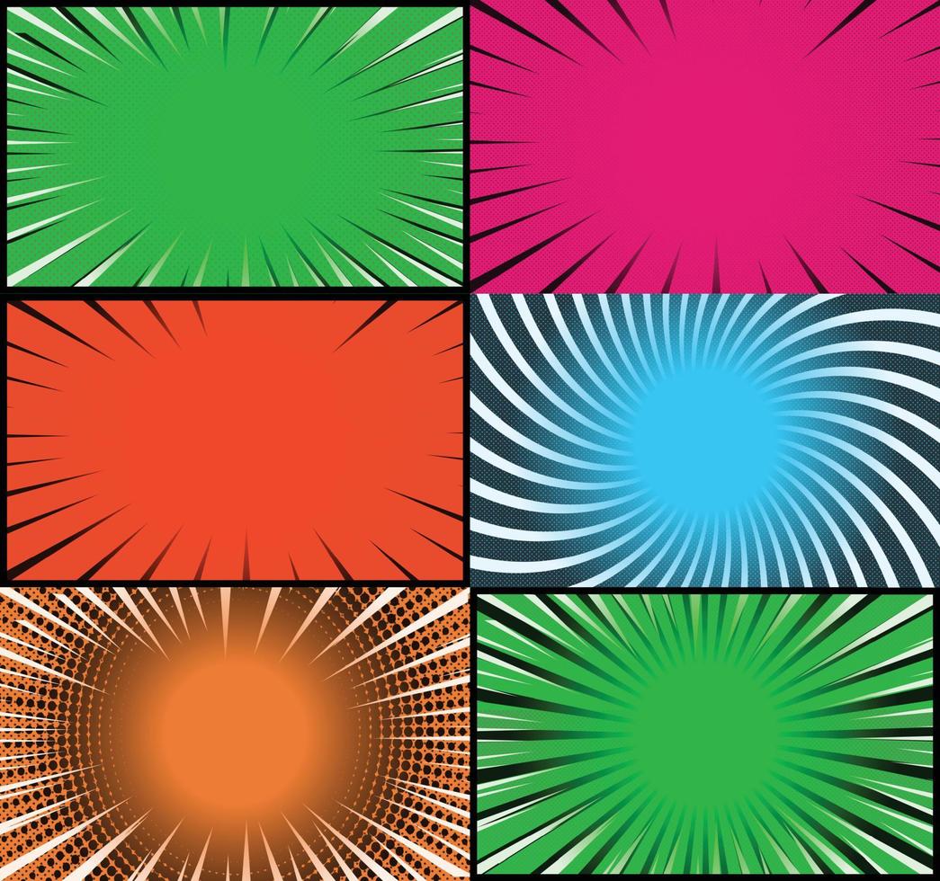 Comic book colorful frames background with halftone rays radial and dotted effects pop art style vector