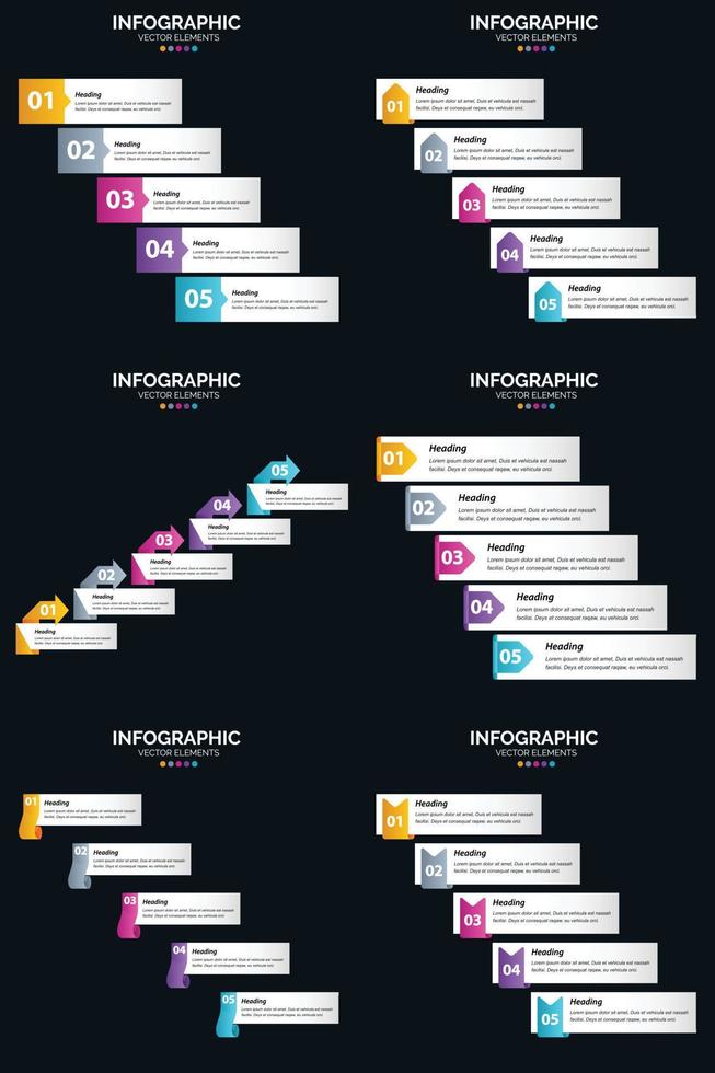 plantilla de diapositiva de presentación del paquete de infografías vectoriales 6 diagramas de ciclo de 5 pasos y líneas de tiempo vector