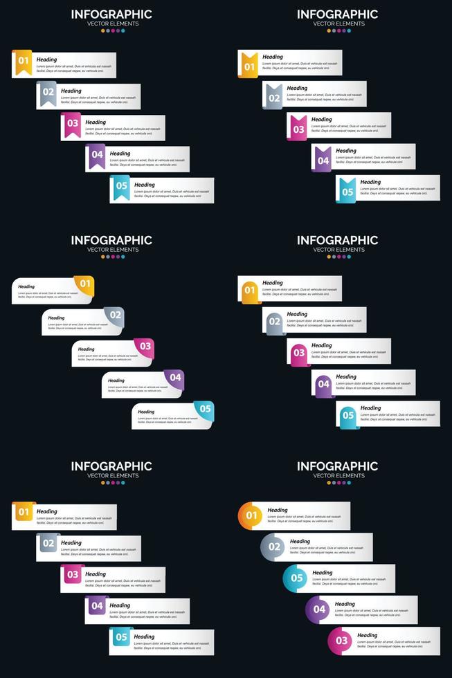 plantilla de diapositiva de presentación del paquete de infografías vectoriales 6 diagramas de ciclo de 5 pasos y líneas de tiempo vector