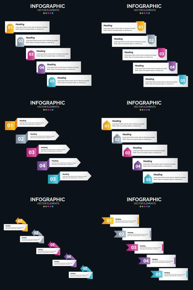 plantilla de diapositiva de presentación del paquete de infografías vectoriales 6 diagramas de ciclo de 5 pasos y líneas de tiempo vector