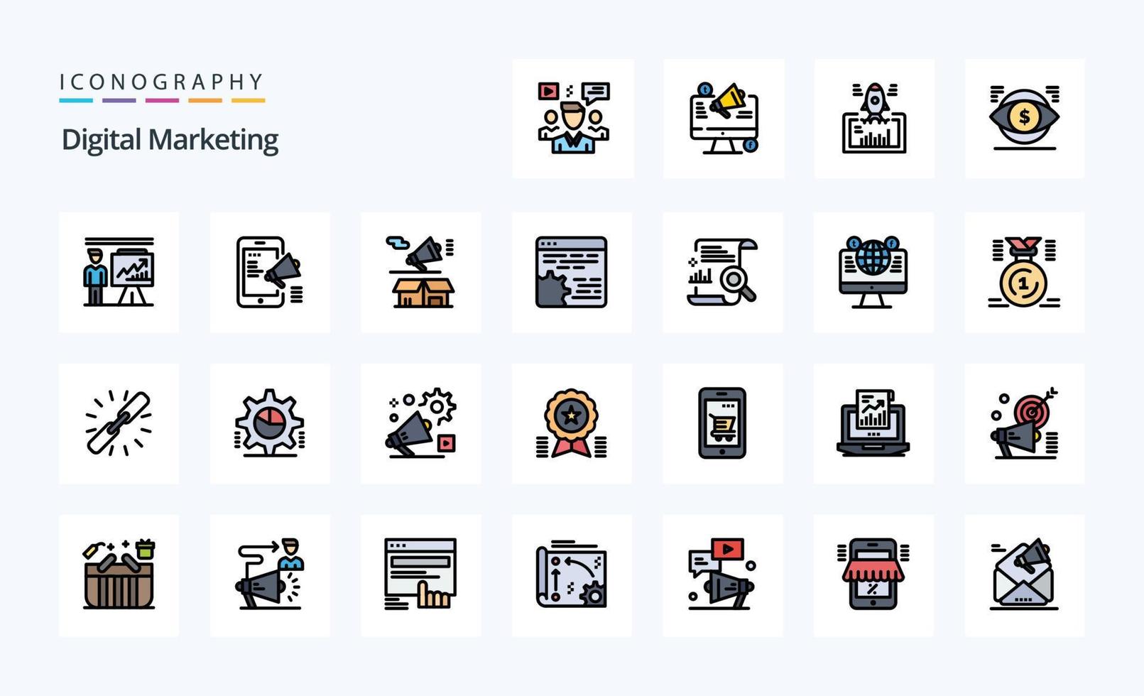 paquete de iconos de estilo lleno de línea de marketing digital 25 vector