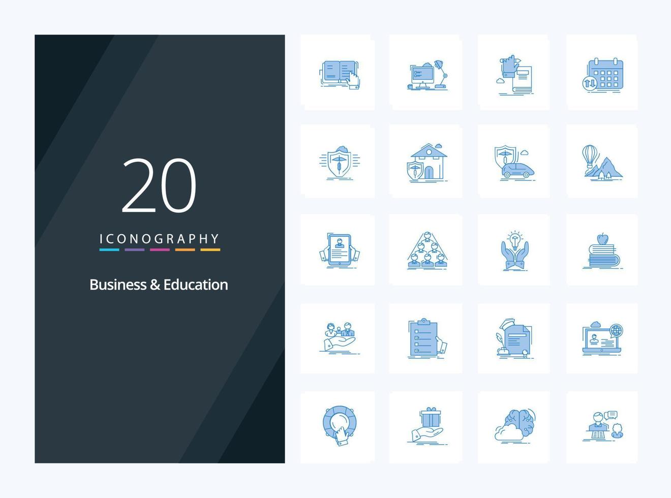 20 iconos de color azul de negocios y educación para presentación vector