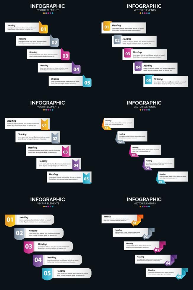 plantilla de diapositiva de presentación del paquete de infografías vectoriales 6 diagramas de ciclo de 5 pasos y líneas de tiempo vector