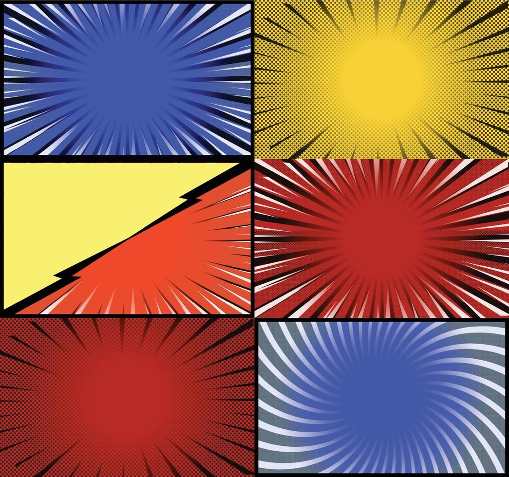 Comic book colorful frames background with halftone rays radial and dotted effects pop art style vector