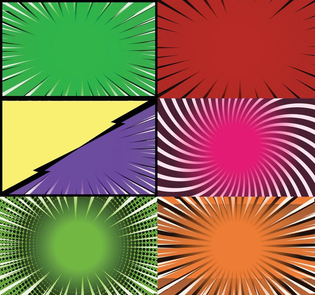 Comic book colorful frames background with halftone rays radial and dotted effects pop art style vector