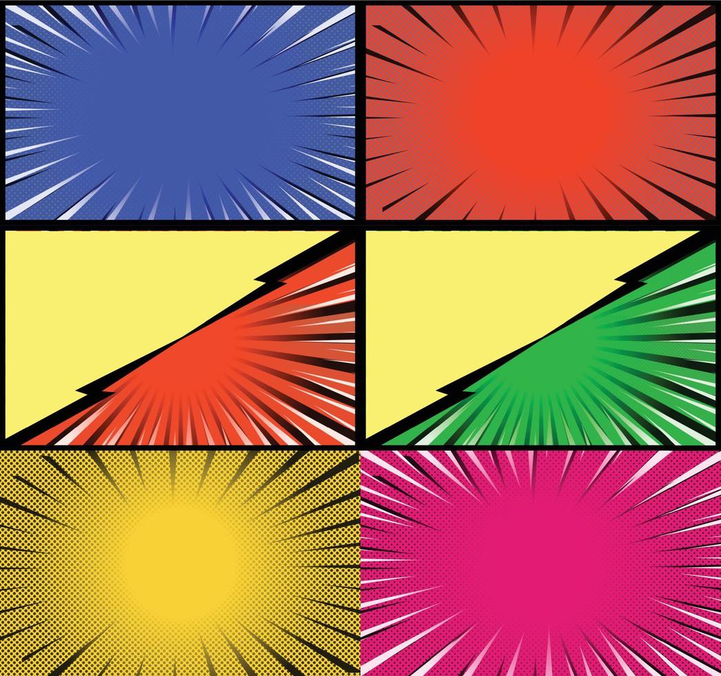 Comic book colorful frames background with halftone rays radial and dotted effects pop art style vector