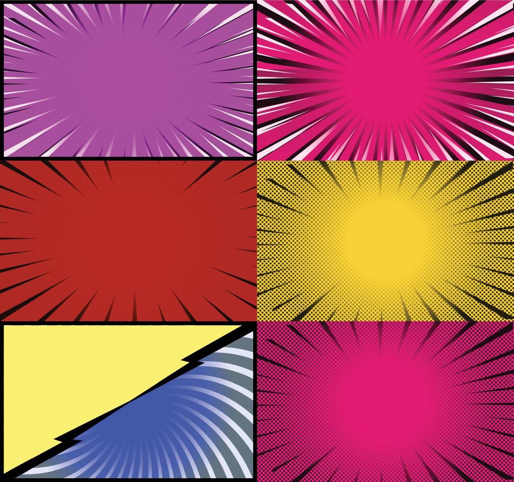 Comic book colorful frames background with halftone rays radial and dotted effects pop art style vector