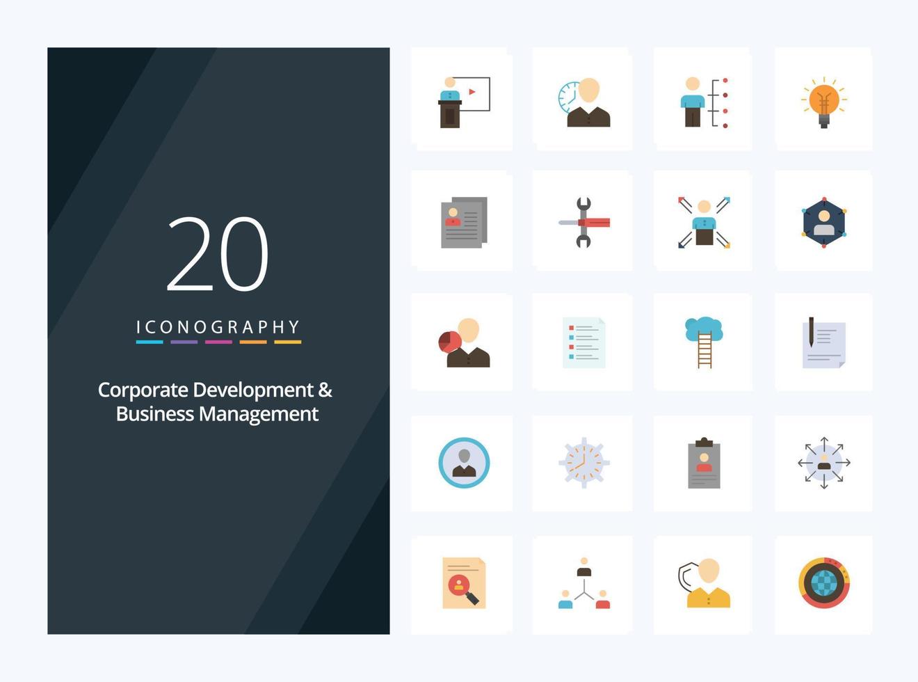 20 icono de color plano de desarrollo corporativo y gestión empresarial para presentación vector