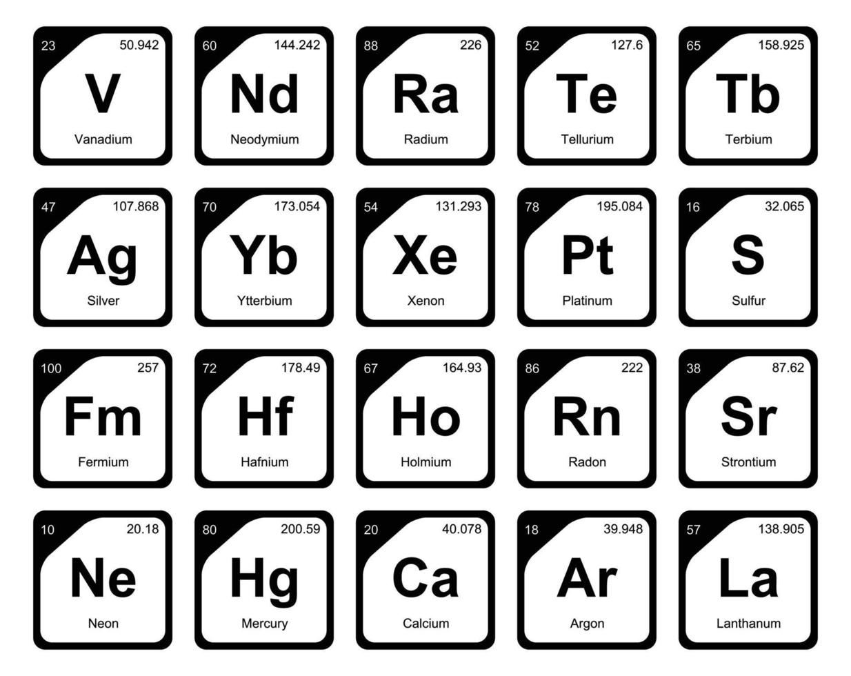 diseño de paquete de iconos de 20 tablas preiodicas de los elementos vector