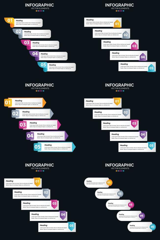 plantilla de diapositiva de presentación del paquete de infografías vectoriales 6 diagramas de ciclo de 5 pasos y líneas de tiempo vector