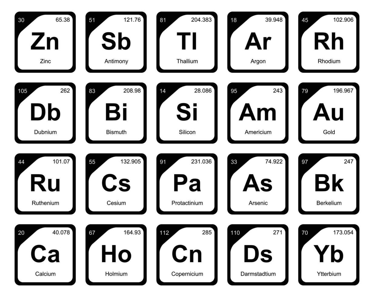 diseño de paquete de iconos de 20 tablas preiodicas de los elementos vector