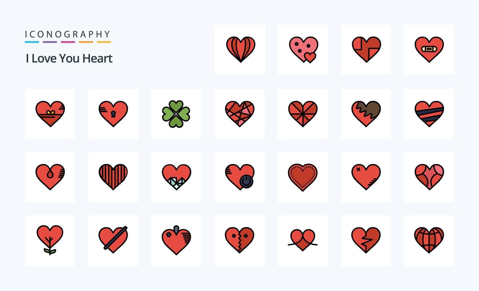 paquete de iconos de estilo lleno de línea de 25 corazones vector