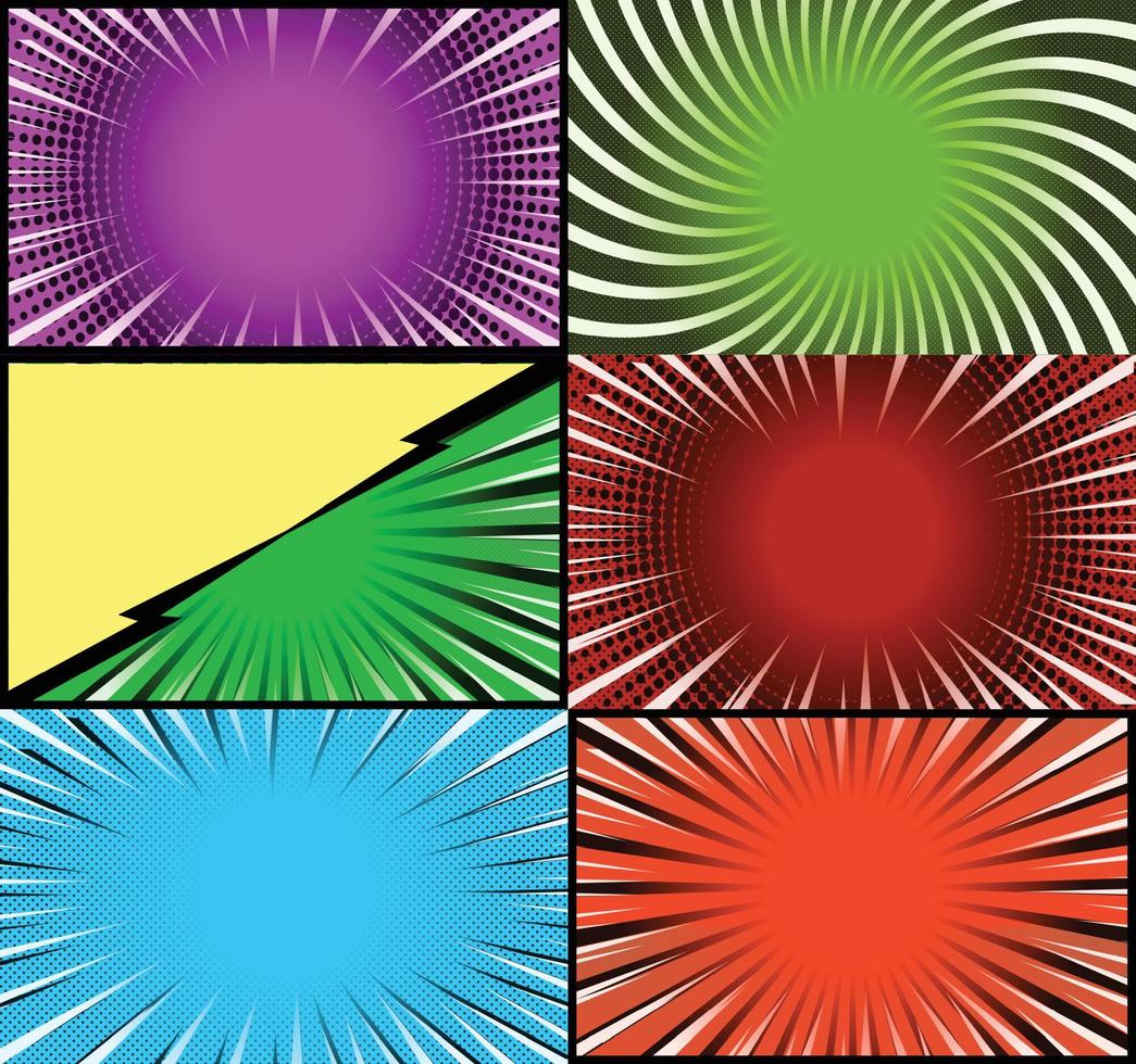 Comic book colorful frames background with halftone rays radial and dotted effects pop art style vector