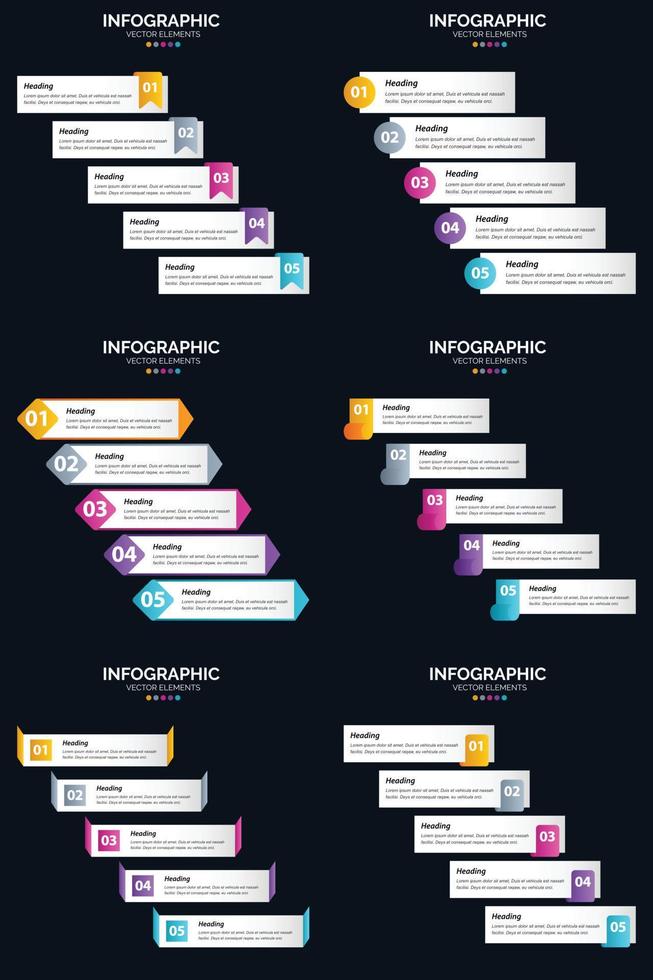 plantilla de diapositiva de presentación del paquete de infografías vectoriales 6 diagramas de ciclo de 5 pasos y líneas de tiempo vector