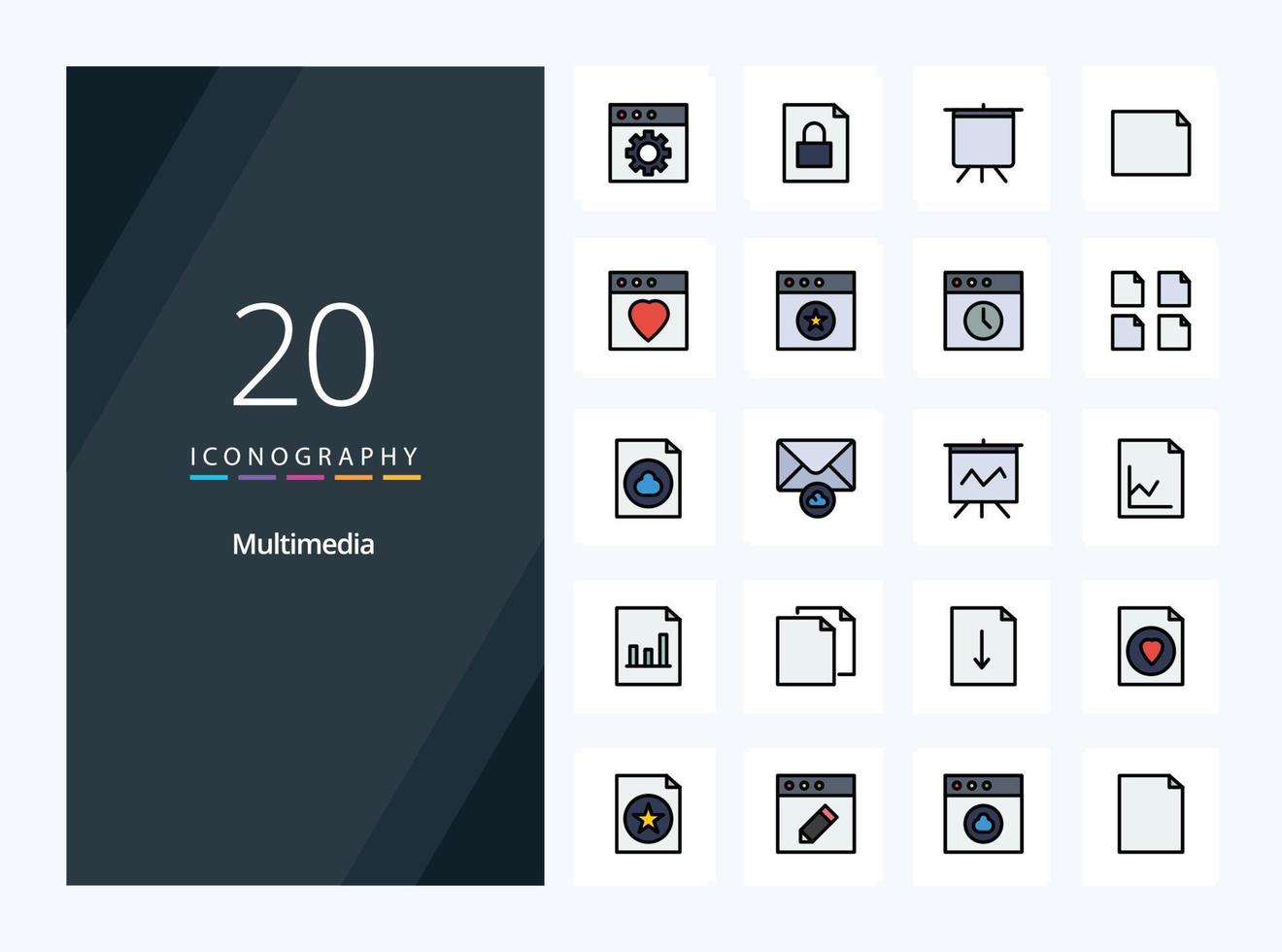 20 Multimedia line Filled icon for presentation vector