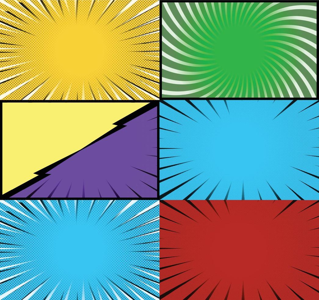 Comic book colorful frames background with halftone rays radial and dotted effects pop art style vector