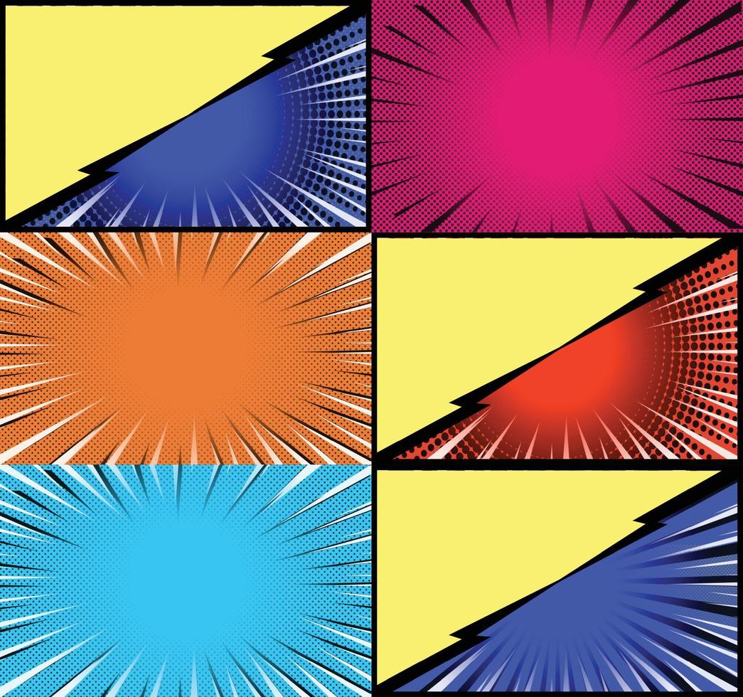 Comic book colorful frames background with halftone rays radial and dotted effects pop art style vector