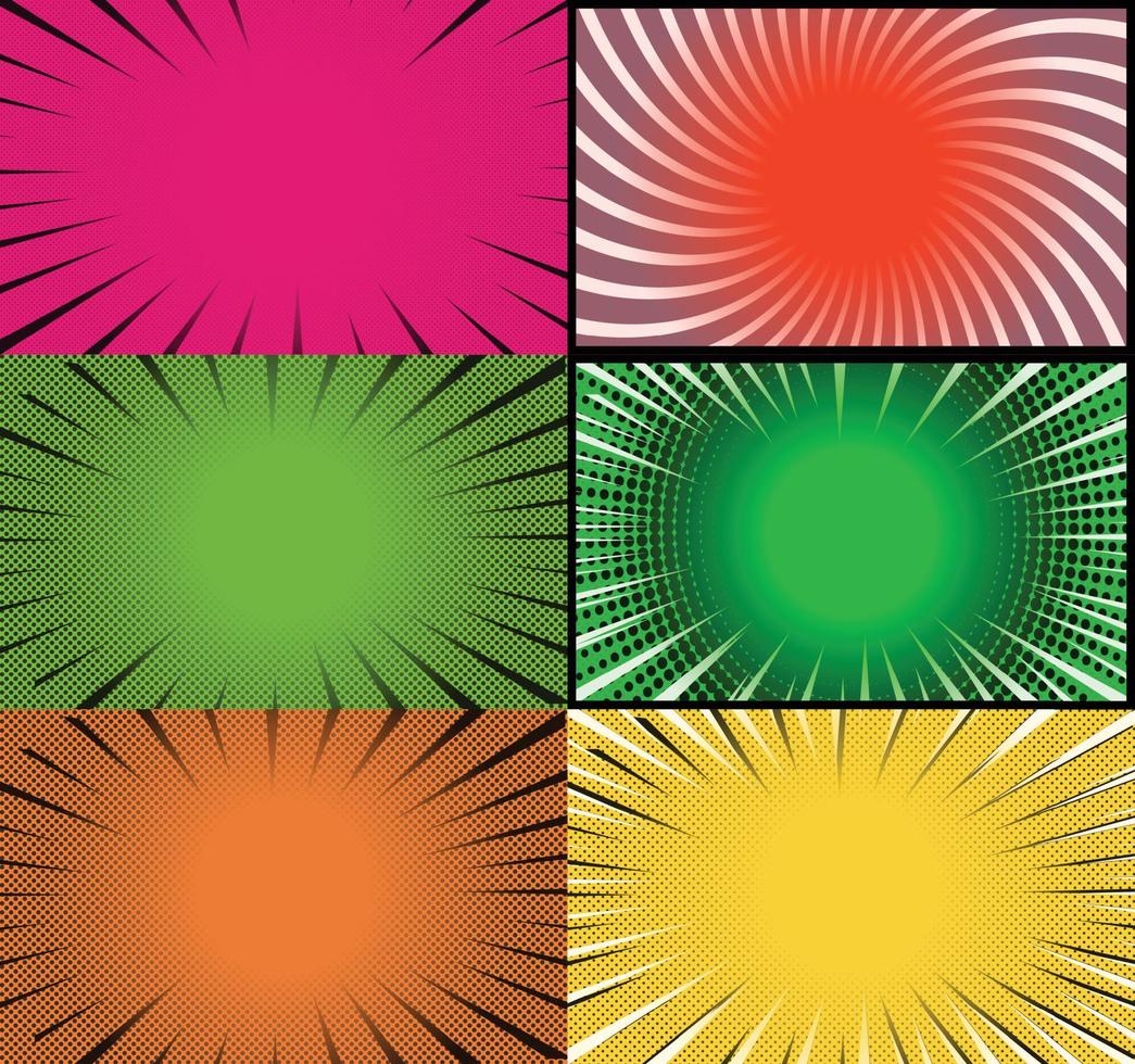 Comic book colorful frames background with halftone rays radial and dotted effects pop art style vector