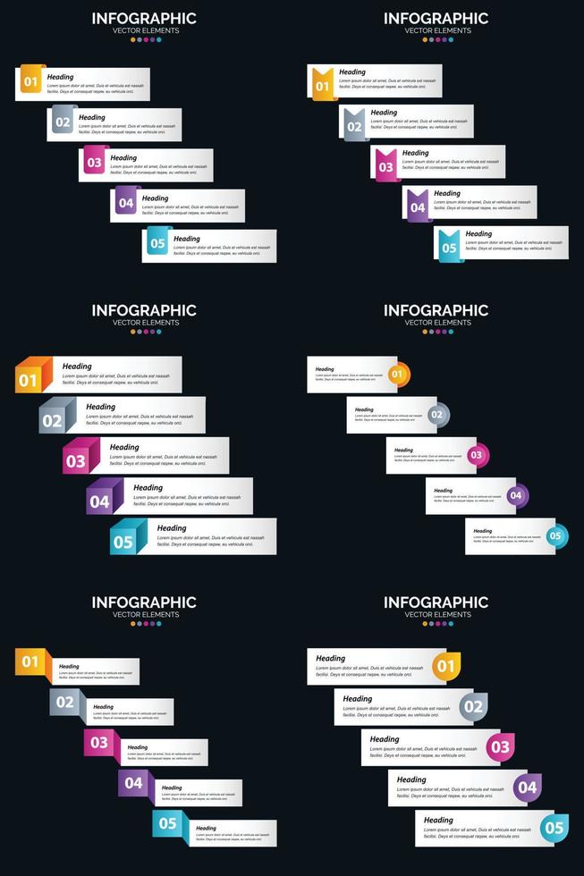 plantilla de diapositiva de presentación del paquete de infografías vectoriales 6 diagramas de ciclo de 5 pasos y líneas de tiempo vector