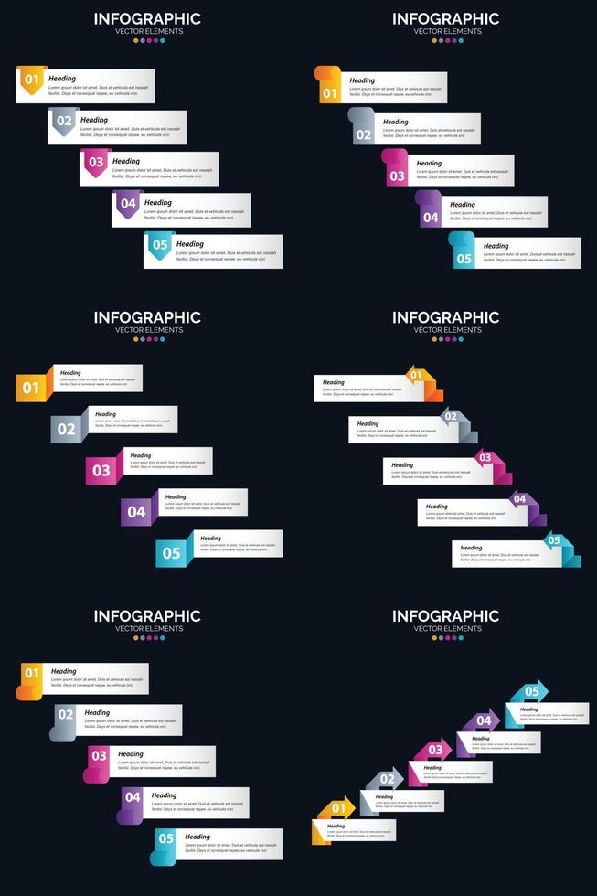 plantilla de diapositiva de presentación del paquete de infografías vectoriales 6 diagramas de ciclo de 5 pasos y líneas de tiempo vector