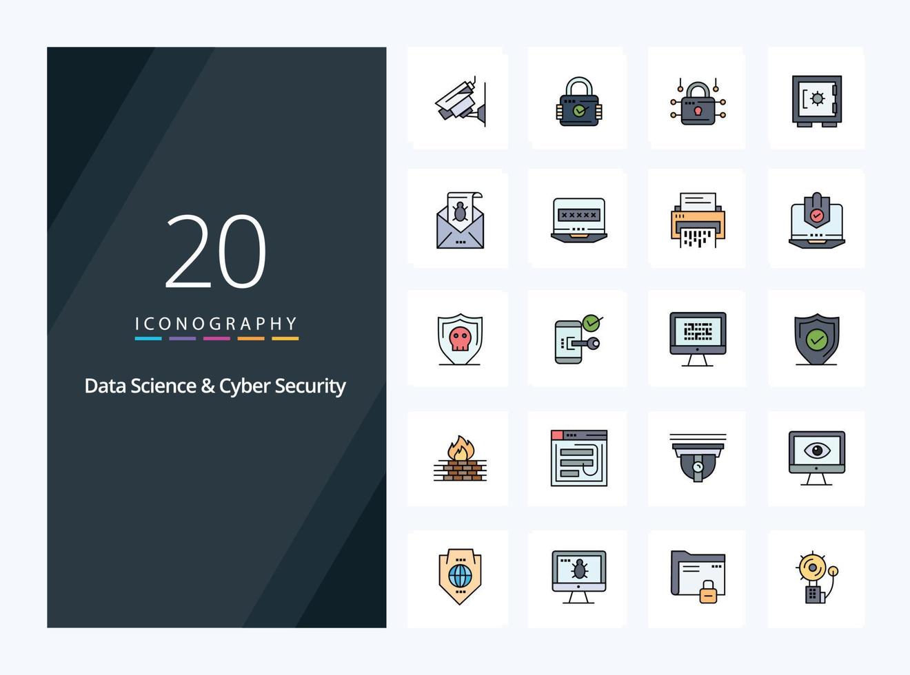 20 icono lleno de línea de ciencia de datos y seguridad cibernética para presentación vector