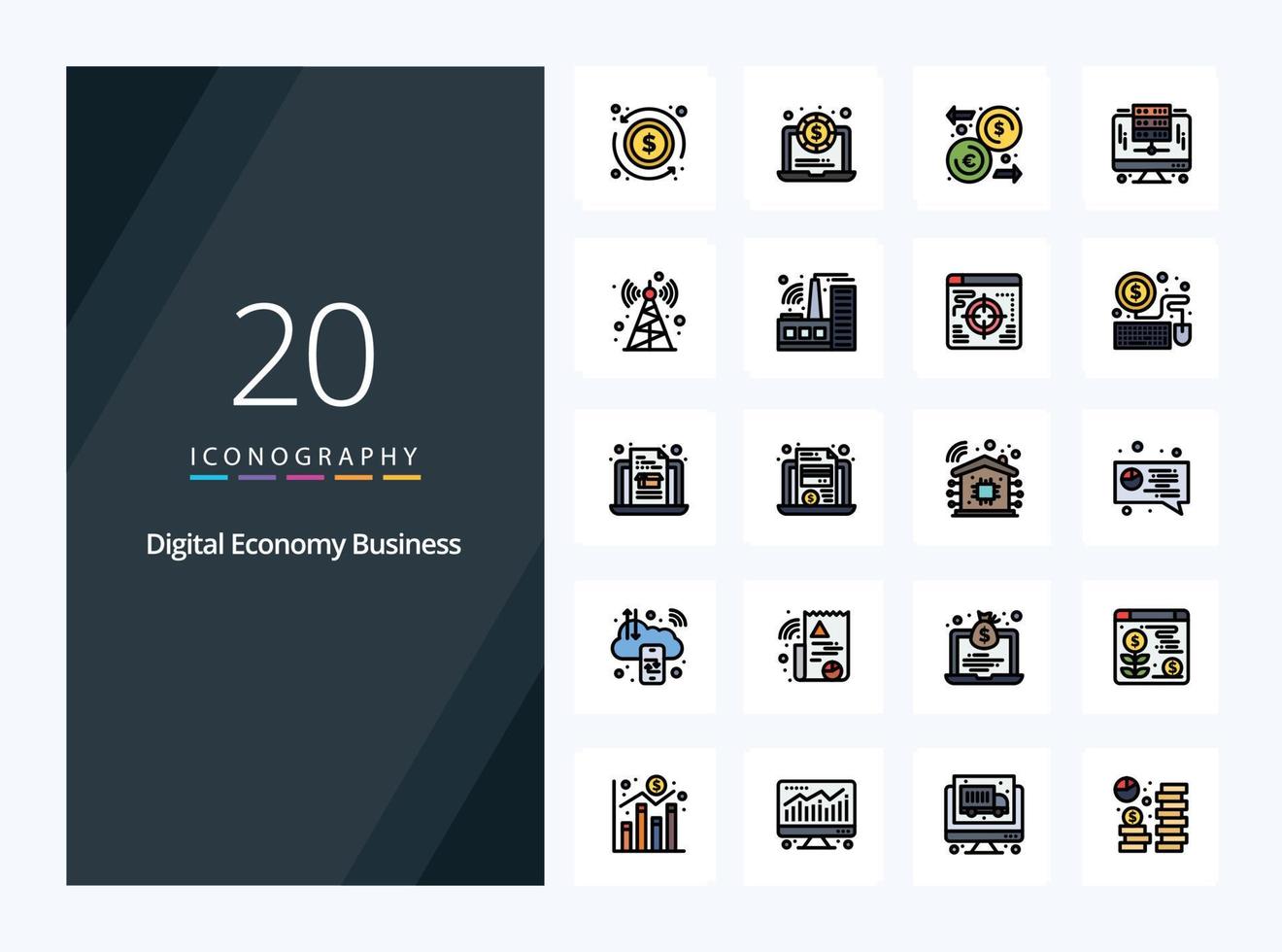 20 Digital Economy Business line Filled icon for presentation vector