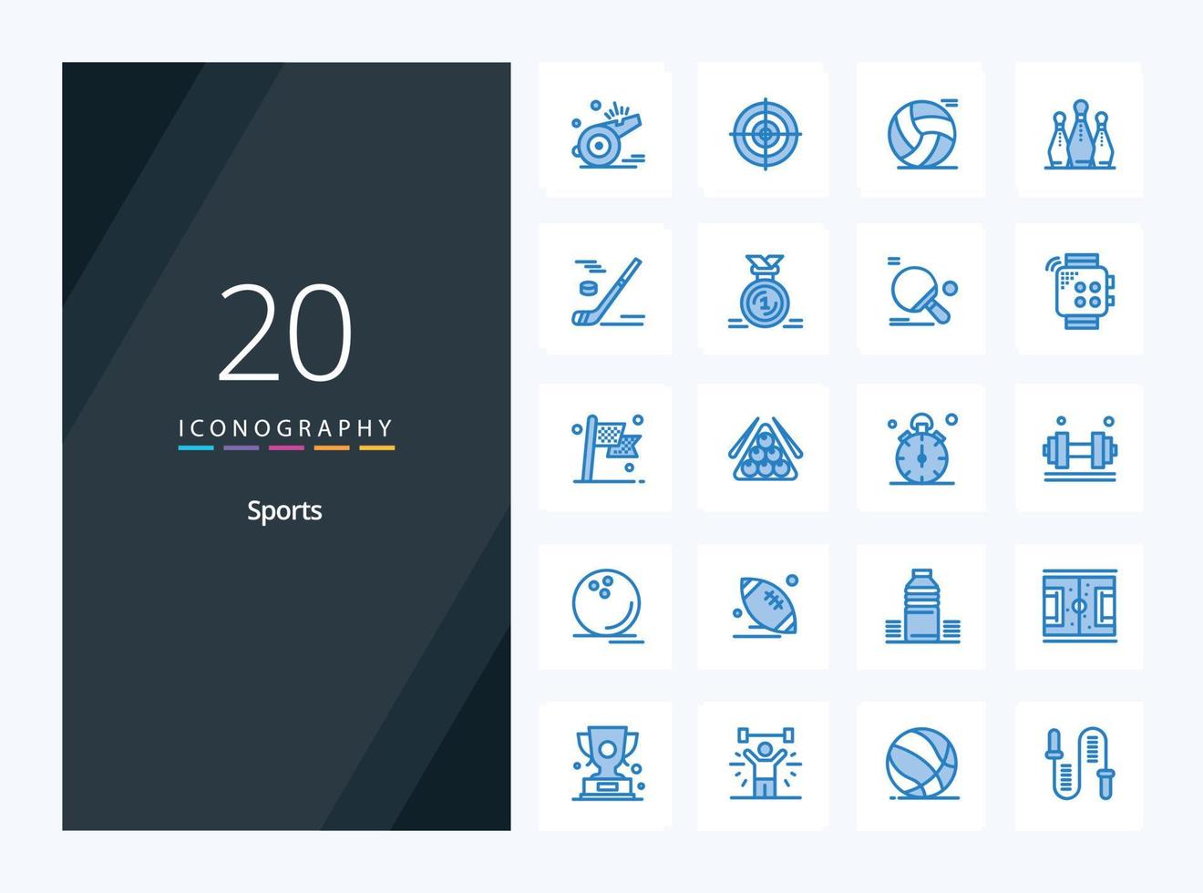 Icono de color azul de 20 deportes para presentación. vector