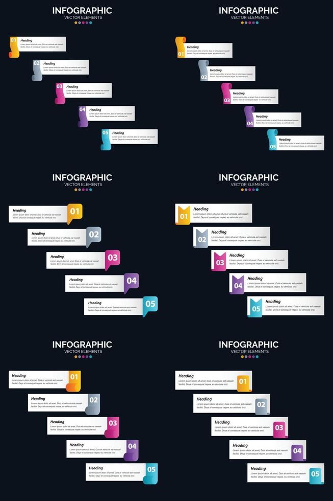 plantilla de diapositiva de presentación del paquete de infografías vectoriales 6 diagramas de ciclo de 5 pasos y líneas de tiempo vector