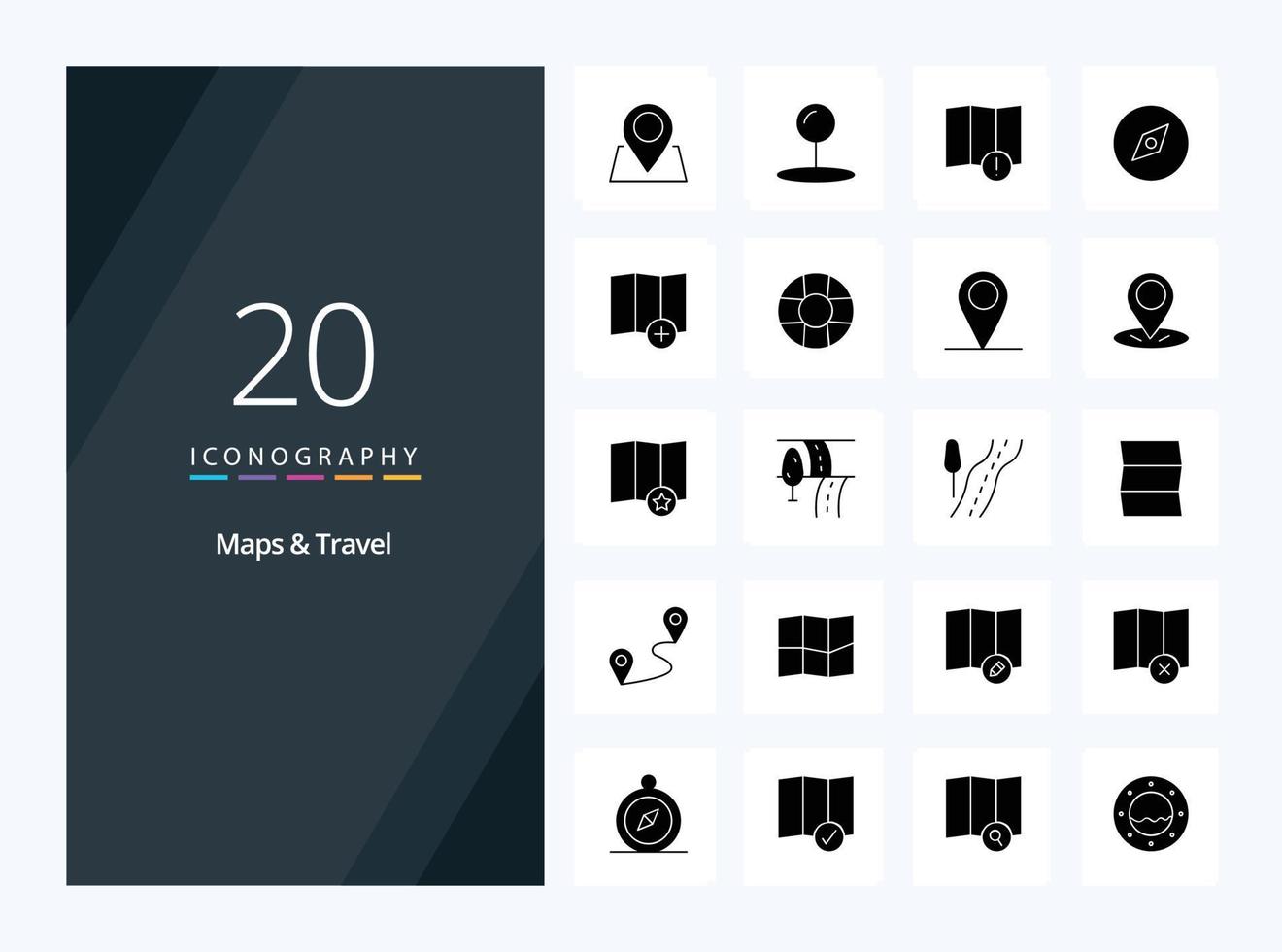 20 mapas viajan icono de glifo sólido para presentación vector