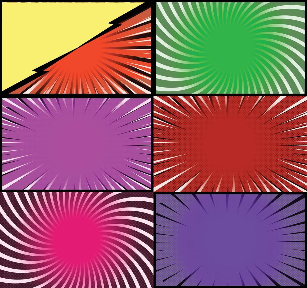 Comic book colorful frames background with halftone rays radial and dotted effects pop art style vector